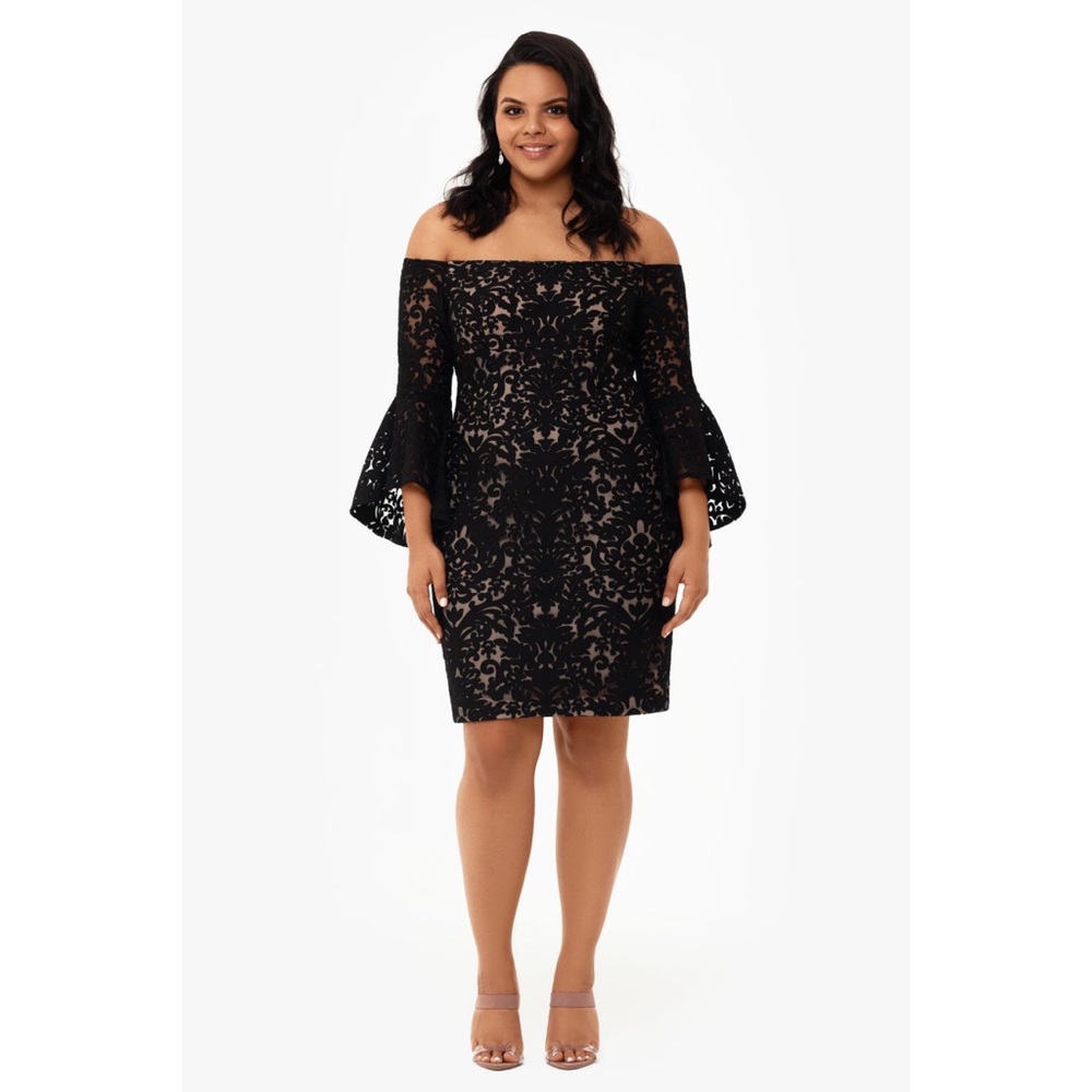 XSCAPE Off-the-Shoulder Bell Sleeve Short Dress
